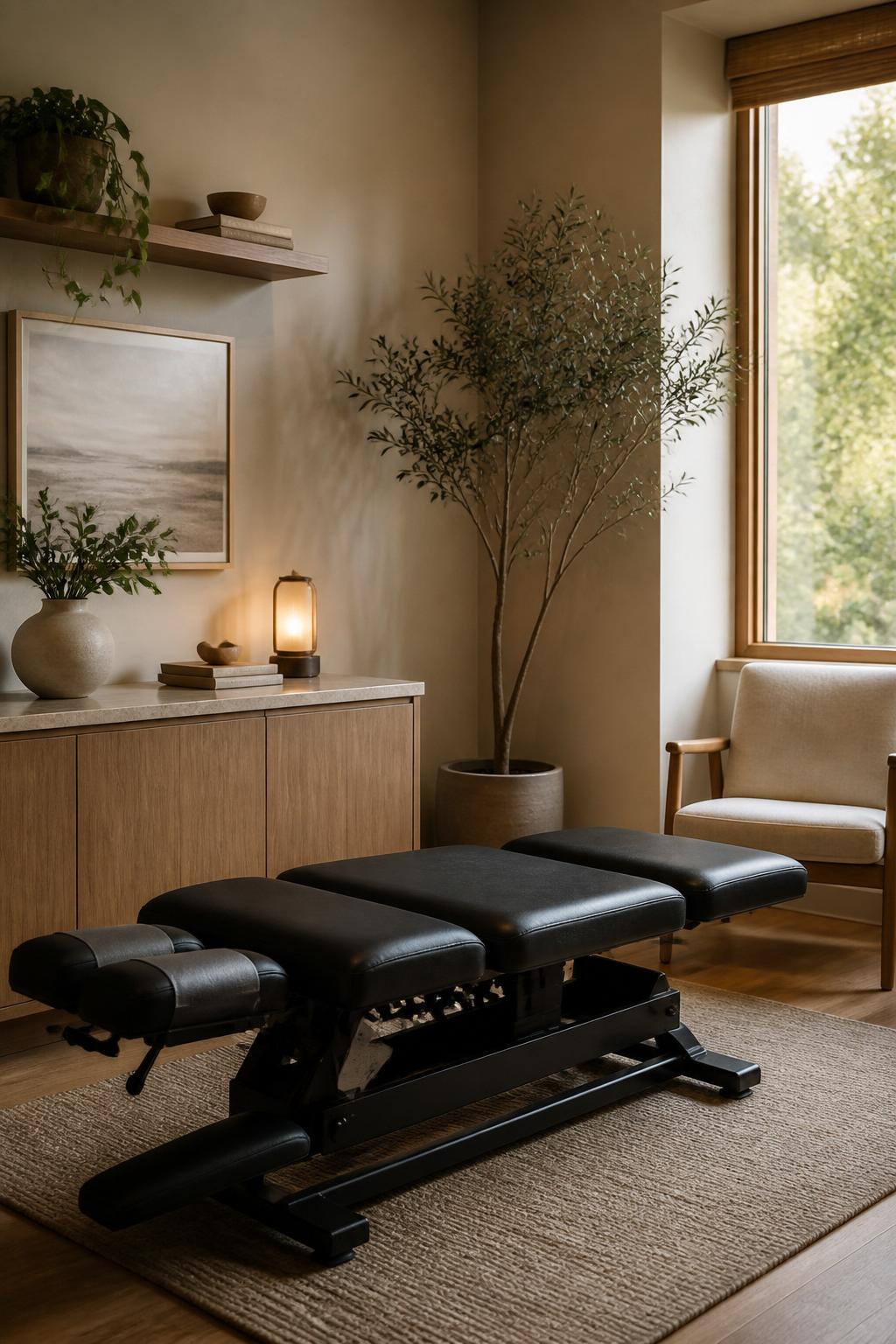 Welcoming chiropractic treatment room with soft light and neutral decor