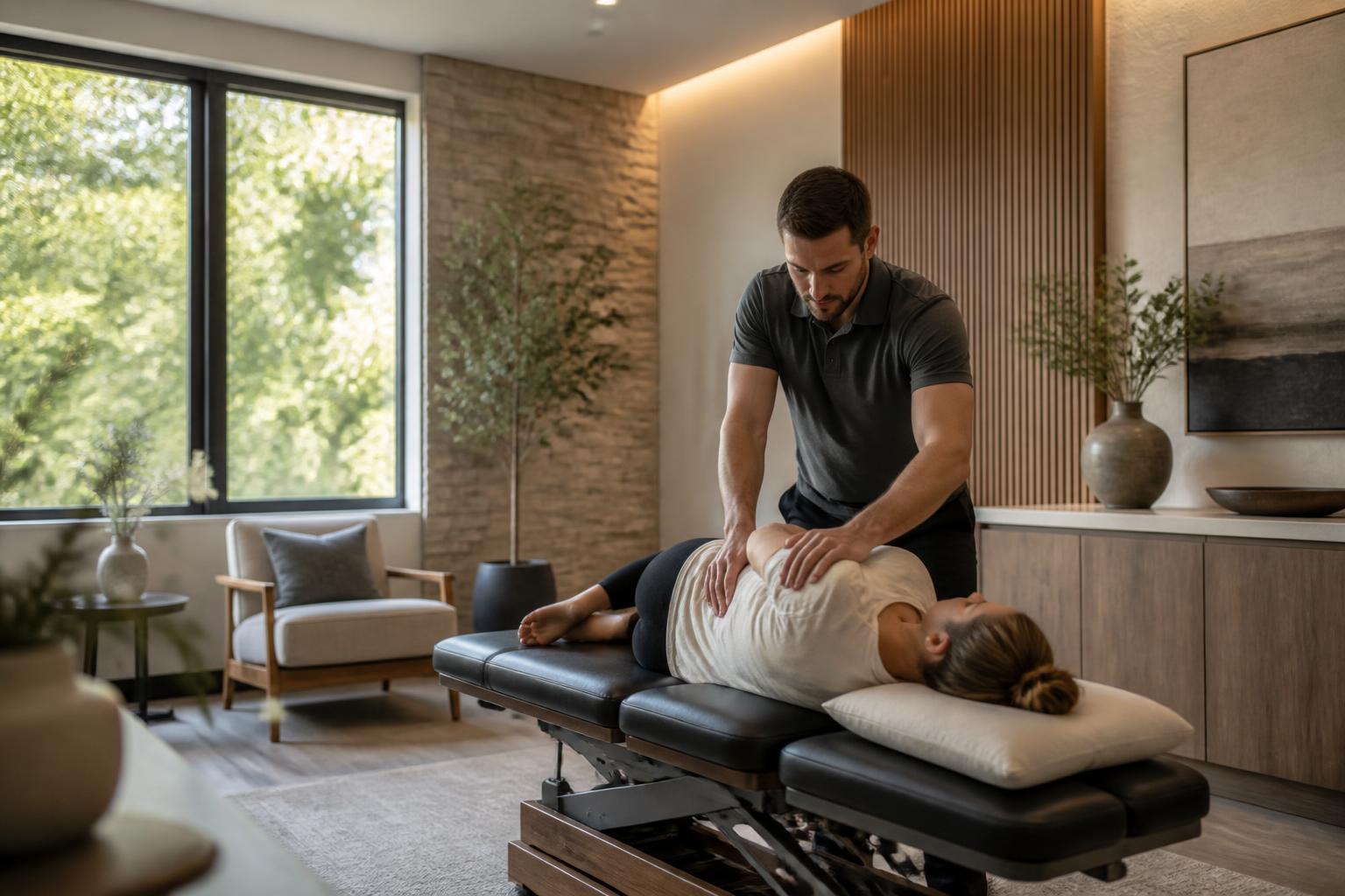 Bright chiropractic clinic interior with warm neutral tones and natural light